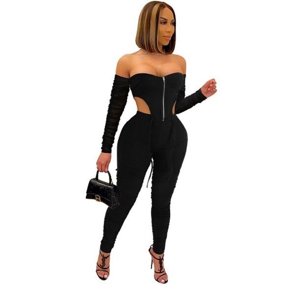 Elegant Black Off-Shoulder Pants Set - Picture 1 of 14